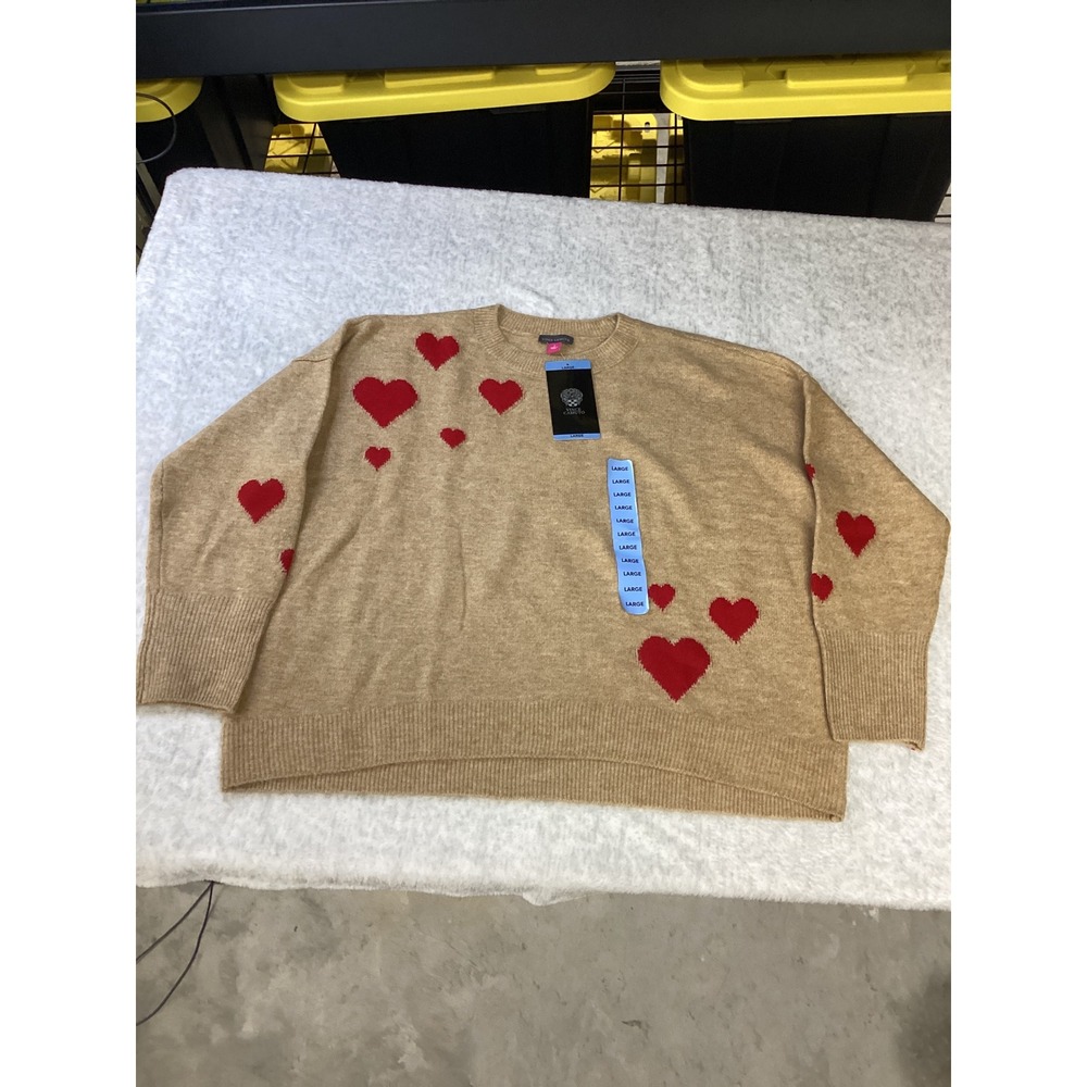 Vince Camuto Womens Heart Intarsia Knit Sweater Camel Tan Red 7726200 Large NWT